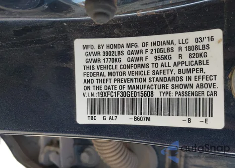 2016 Honda Civic Ex из США, поврежденный, VIN 19XFC1F30GE015608